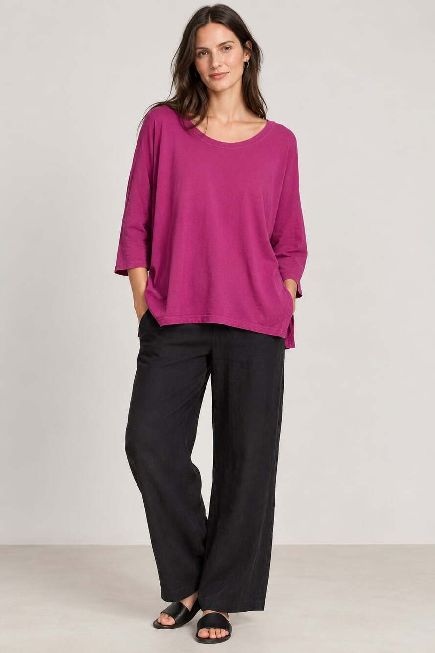 Eileen Fisher Woman Magenta Organic Cotton Scoop Neck 3/4 Sleeve Tee Size 1X
